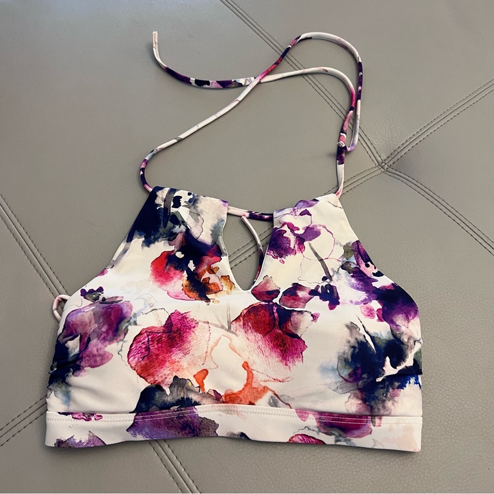 Athleta White Floral High-Neck Swim Top with Purple, Red and Orange Accents - Picture 3 of 7
